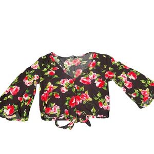Ambiance Floral Crop Top Black Pink Rose Button Front Bell Sleeve Small